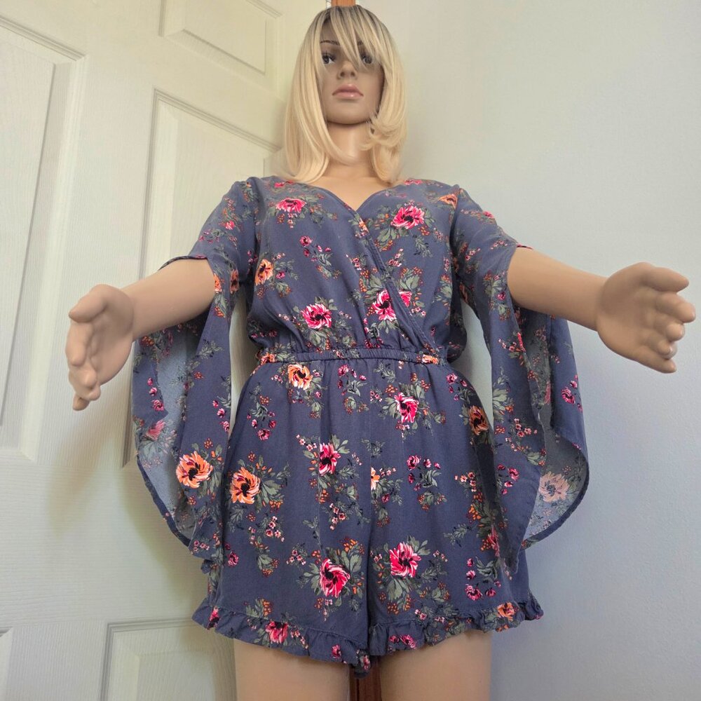 Arizona Jean Co Floral Bohemian Navy Long Sleeve Romper Size S